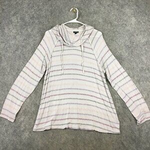Torrid Top 2 2X Cowl Neck Slim Fit Semi Sheer Striped Beachy Hooded Long Sleeve